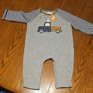 Striped Sleeve Grey Baby Romper with Truck Applique